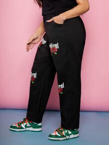 SHEIN Plus Letter and Floral Print Trousers - Black - View 4