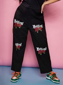 SHEIN Plus Letter and Floral Print Trousers - Black - View 5