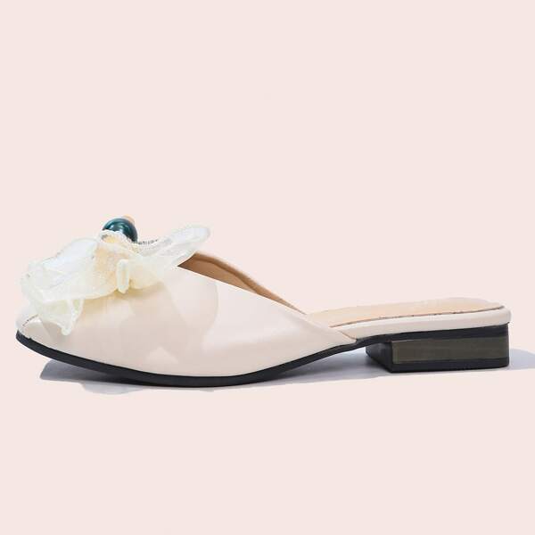 

Bow & Beaded Decor Flat Mules, Beige