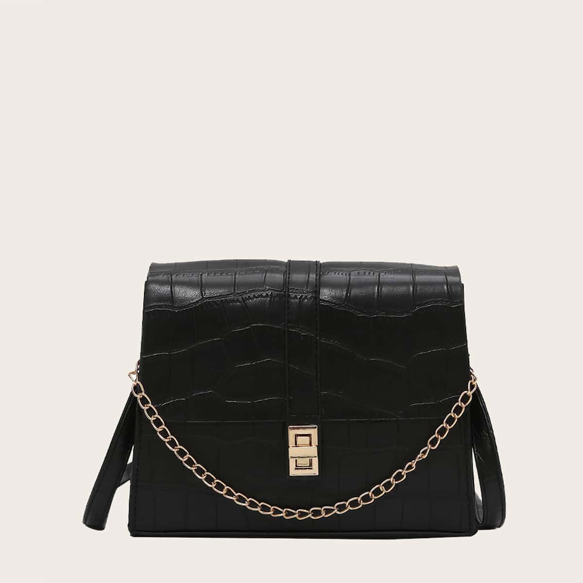 

Croc Embossed Chain Satchel Bag, Black