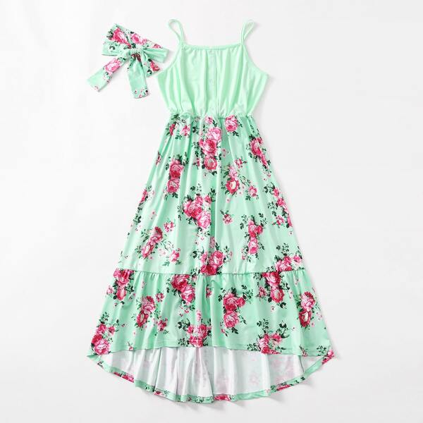 

Floral Print Cami Dress With Headband, Green