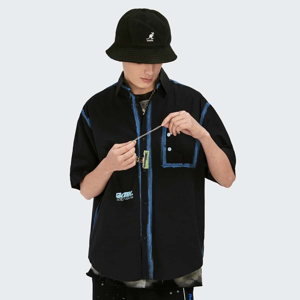 

Men Letter Graphic Colorblock Shirt, Black
