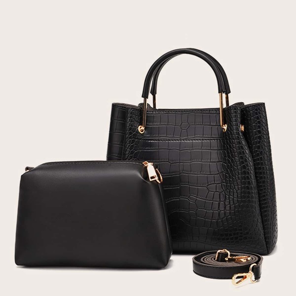 

Croc Embossed Tote Bag With Crossbody Bag, Black