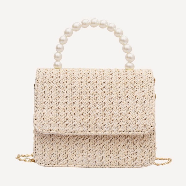 

Mini Faux Pearl Decor Straw Bag, Beige