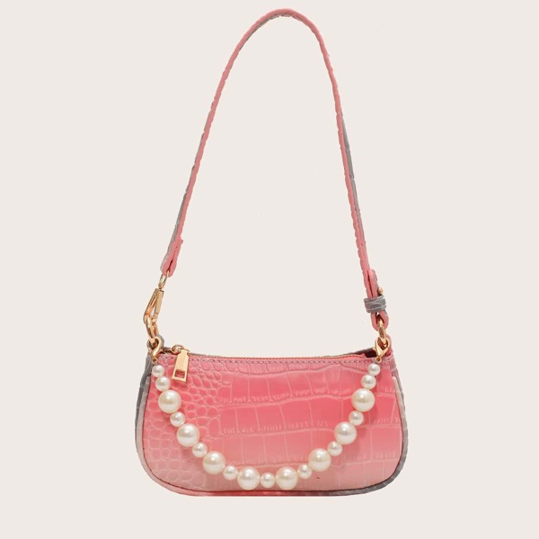 

Faux Pearl Beaded Croc Embossed Baguette Bag, Pink