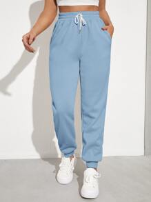 Muchica Solid Drawstring Waist Slant Pocket Joggers - Blue - View 1