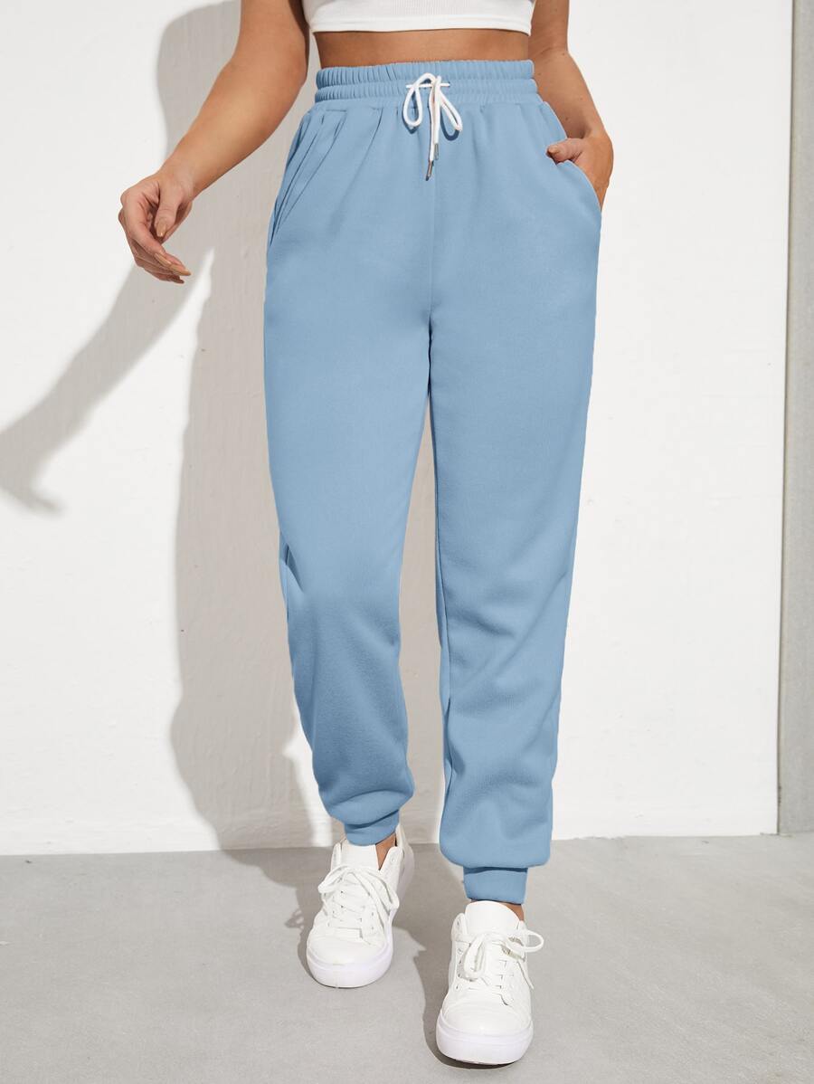 Muchica Solid Drawstring Waist Slant Pocket Joggers - Blue - View 1
