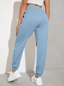 Muchica Solid Drawstring Waist Slant Pocket Joggers - Blue - View 2