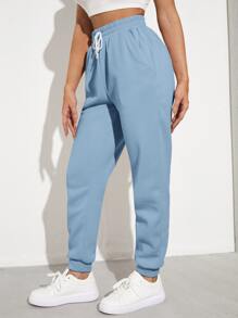 Muchica Solid Drawstring Waist Slant Pocket Joggers - Blue - View 3