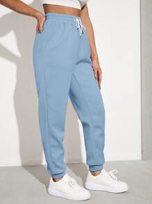Muchica Solid Drawstring Waist Slant Pocket Joggers - Blue - View 4