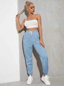 Muchica Solid Drawstring Waist Slant Pocket Joggers - Blue - View 5