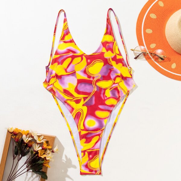 

Allover Print High Cut One Piece Swimsuit, Multicolor