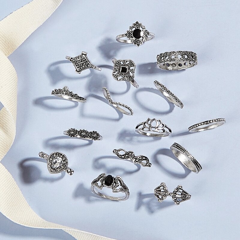 

15pcs Gemstone Ring Set, Silver