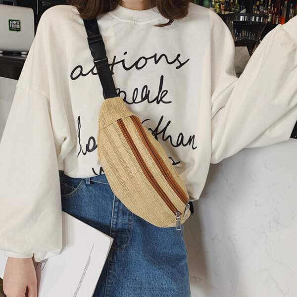 

Double Zipper Straw Fanny Pack, Beige