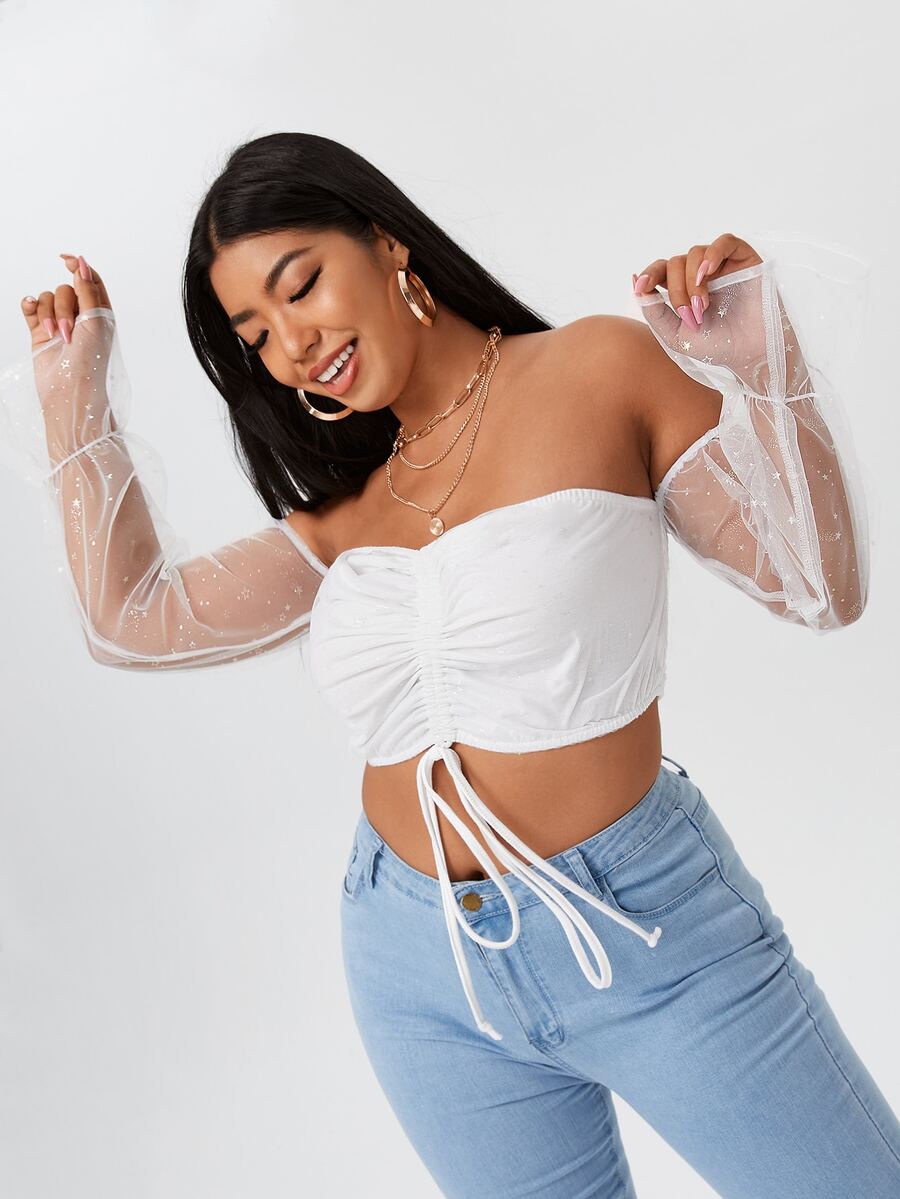 大碼素色抽繩前露肩上衣 - 白色 - 查看 1