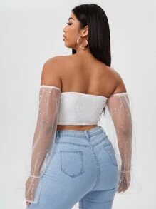 大碼素色抽繩前露肩上衣 - 白色 - 查看 2