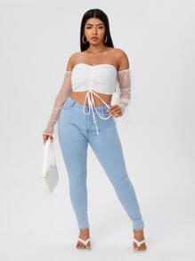 大碼素色抽繩前露肩上衣 - 白色 - 查看 3