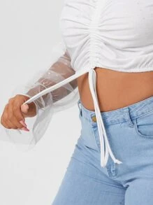 大碼素色抽繩前露肩上衣 - 白色 - 查看 4