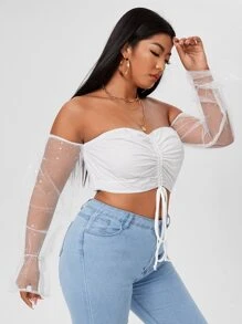 大碼素色抽繩前露肩上衣 - 白色 - 查看 5