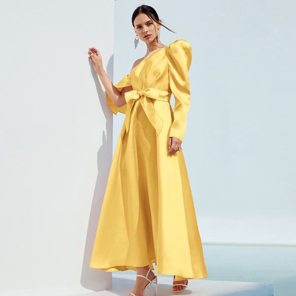 

Asymmetrical Neck Leg-of-mutton Sleeve Self Belted Dress, Yellow