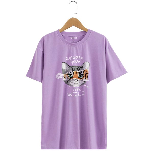 

Cartoon And Slogan Graphic Tee, Lilac purple