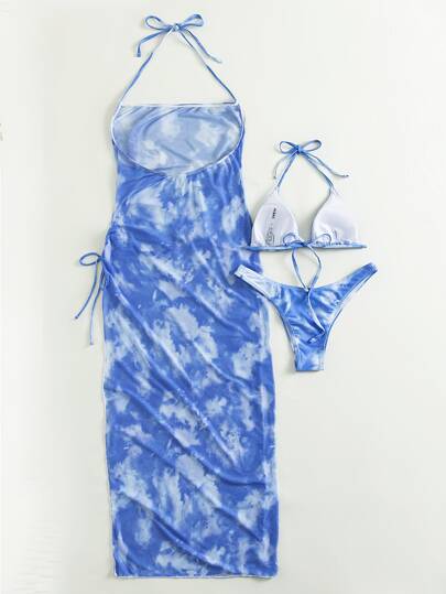Ensemble de 3 bikinis triangles teints à nouer pour la plage d'été avec paréo