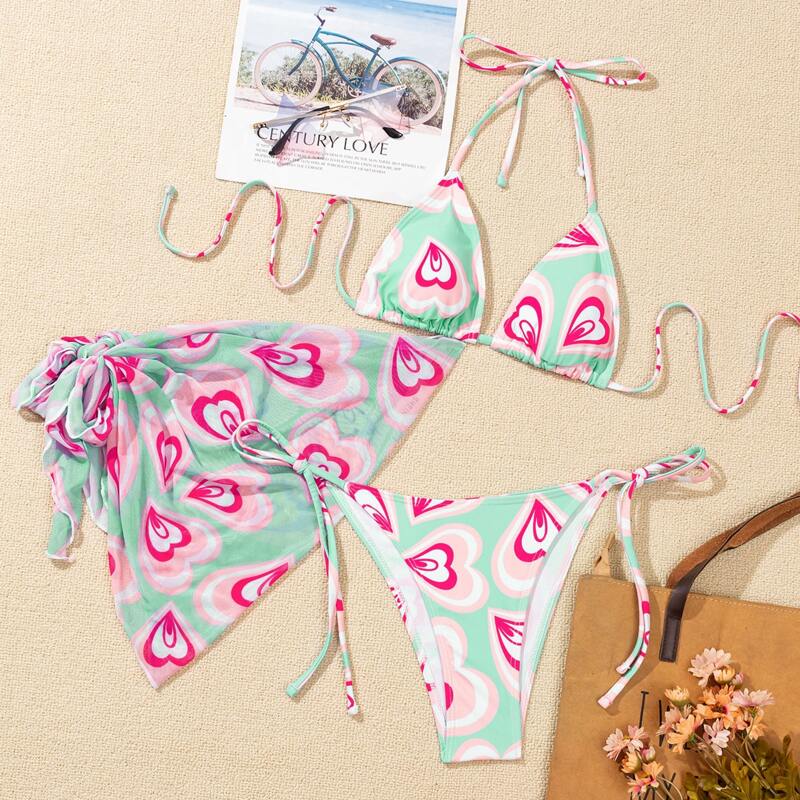 

3pack Random Heart Print Bikini Swimsuit & Cover Up, Multicolor