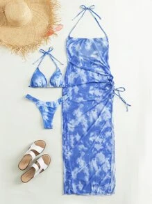 SHEIN Swim 夏季沙灘3入組漸變色系三角比基尼和遮罩衣 - 藍白色 - 查看 3