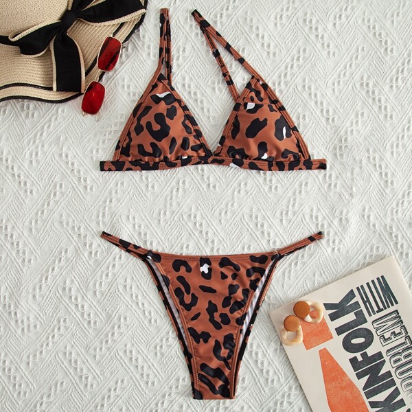 

Leopard Triangle Thong Bikini Swimsuit, Brown