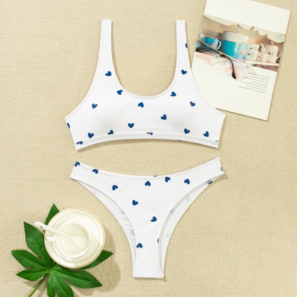 

Allover Heart Graphic Bikini Swimsuit, Blue and white