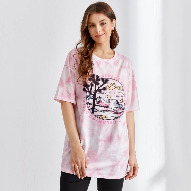 

Letter Graphic Tie Dye Oversized Tee, Pink