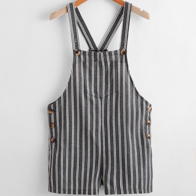 

Pocket Front Striped Overall Romper, Grey