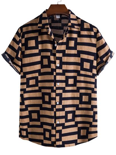 قمصان رجال بازرارأمامية تصميم الهندسة كاجوال