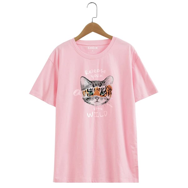 

Cartoon And Slogan Graphic Tee, Baby pink