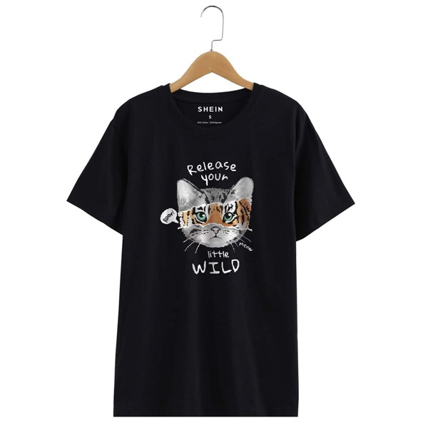 

Cartoon And Slogan Graphic Tee, Black