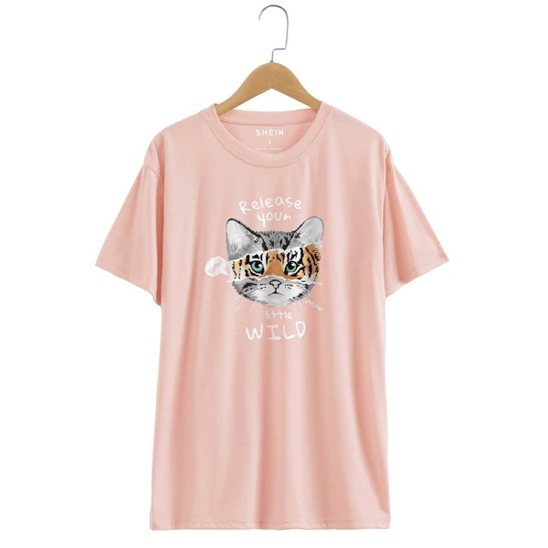 

Cartoon And Slogan Graphic Tee, Baby pink