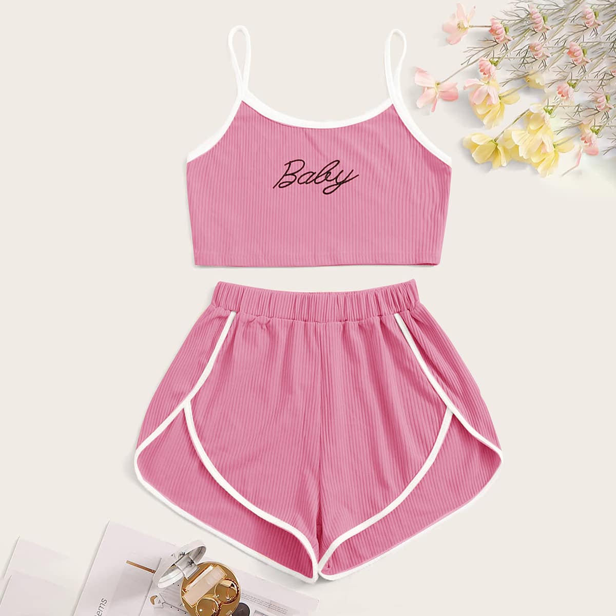

Letter Graphic Rib Cami Pajama Set, Pink