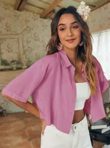 SHEIN Unity Camisa corta con botón delantero - Rosa Fucsia - Ver 1