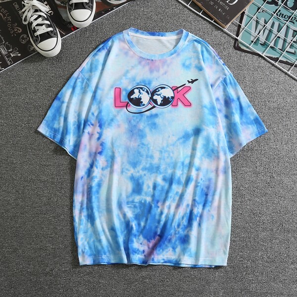 

Men Tie Dye & Letter Graphic Tee, Baby blue