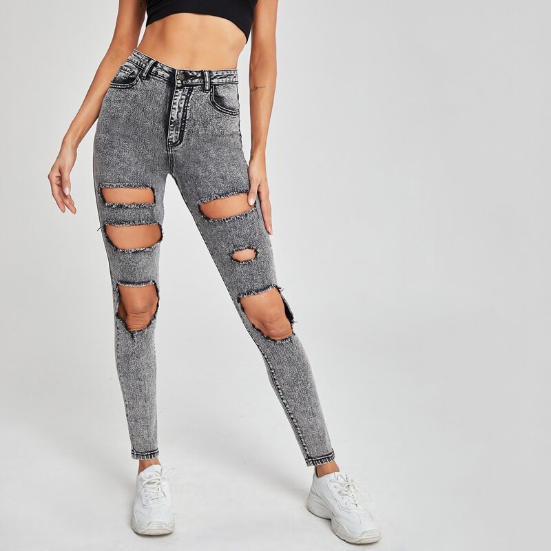 

High Waist Ripped Skinny Jeans, Grey