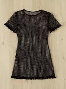 SHEIN Swim 夏季绒球边饰渔网罩衫 - 黑色 - 查看 2