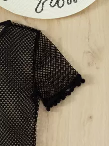 SHEIN Swim 夏季绒球边饰渔网罩衫 - 黑色 - 查看 3