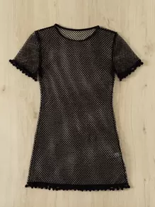 SHEIN Swim 夏季绒球边饰渔网罩衫 - 黑色 - 查看 4