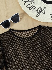 SHEIN Swim 夏季绒球边饰渔网罩衫 - 黑色 - 查看 5