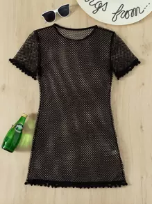 SHEIN Swim 夏季绒球边饰渔网罩衫 - 黑色 - 查看 6