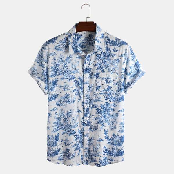 

Men Landscape Print Button Up Shirt, Blue and white