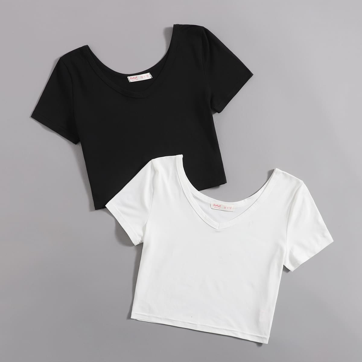

2pcs Solid Crop Tee, Black and white
