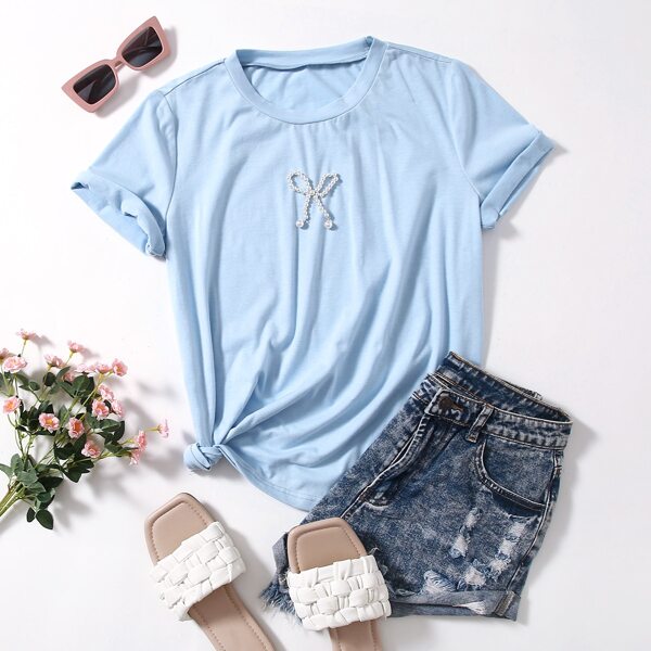 

Pearls Bow Detail Crew Neck Tee, Baby blue