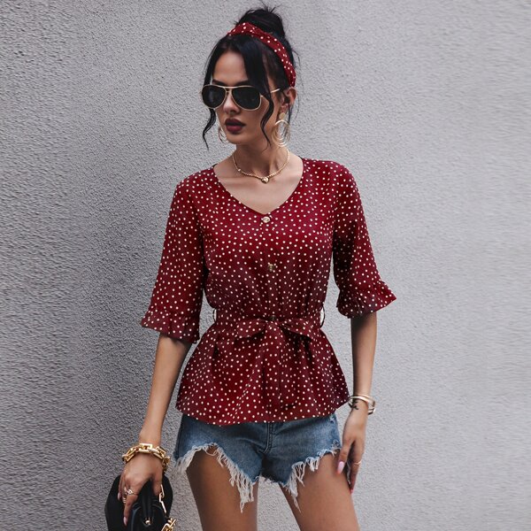 

Polka Dot Button Front Belted Blouse, Burgundy