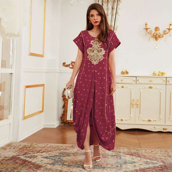 

Платье с кружевной отделкой и принтом перьев, Бургундия